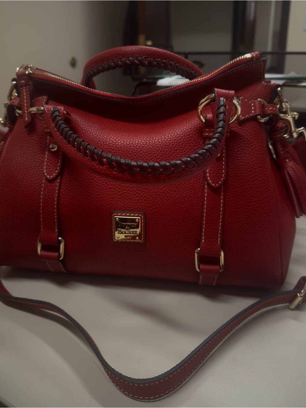 Dooney & Bourke Red Pebbled Leather Satchel with Braided Handles